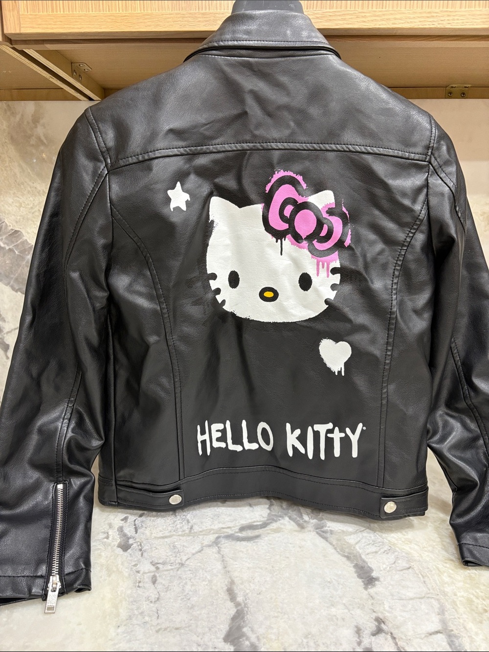 Hello Kitty Black Faux Leather Jacket with White & Pink Graphic